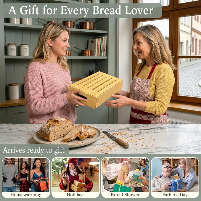 Bamboo Bread Slicer for Homemade Bread, Adjustable Cutting Board with Crumb Tray and Serving Box, Slicing Guide for Sourdough, Sandwich Loaves, Bagels and Cakes