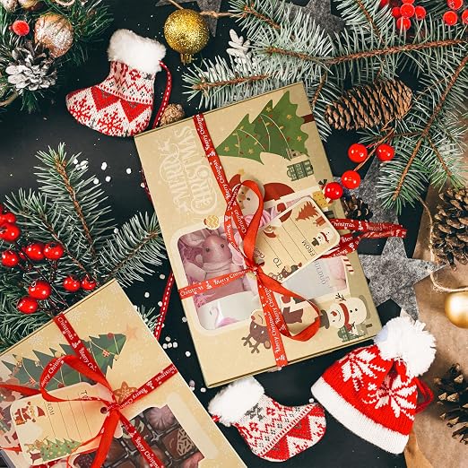 12 Packs Christmas Cookie Boxes with Window,Bakery Treat Boxes Gift Baking Box Christmas Kraft Gift Boxes with Ribbons and DIY Gift Tags for Gift Giving, Pastry, Candy, Party Favors (Small)