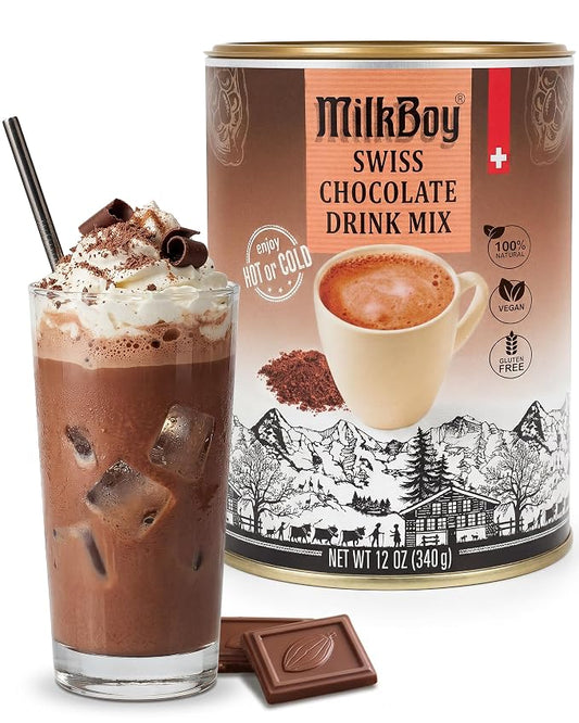 MilkBoy Dairy Free Hot Chocolate Mix - Gluten Free Swiss Cocoa Drink Powder, Vegan Hot Cocoa Mix, Gourmet Swiss Chocolate Drink, Kosher, Rainforest Alliance Certified - 12 oz Can
