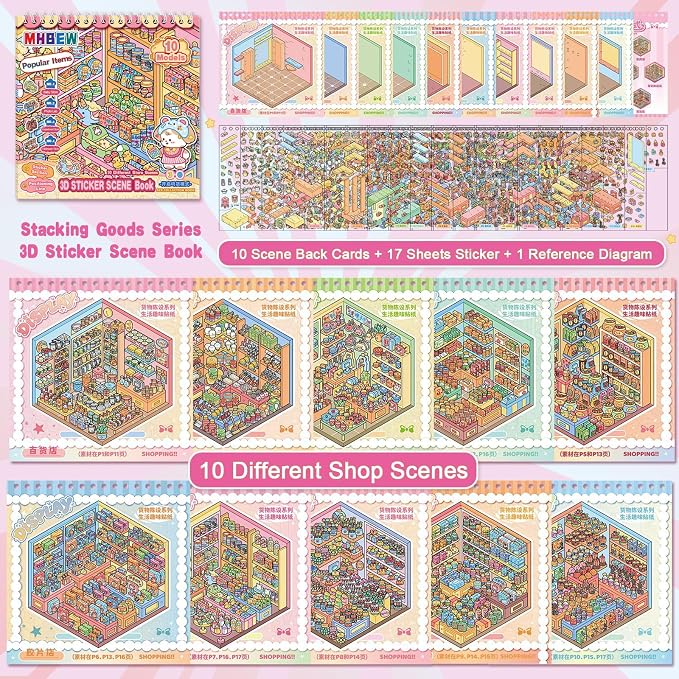10 Sets Big DIY 3D Sticker Scene Book for Kids Adults Make Your Own Shop House Stickers for Gifts Stickers Therapy for Adult Relief Stress Pass The Time Supermarket Bakery Toy Cosmetics Store