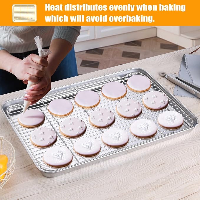 Homikit Baking Sheet with Rack (1 Pan + 1 Rack), 20" x 14" Stainless Steel Large Cookie Sheets for Baking, Big Bacon Baking Tray with Cooling Rack for Roasting Cooking, Nonstick & Dishwasher Safe