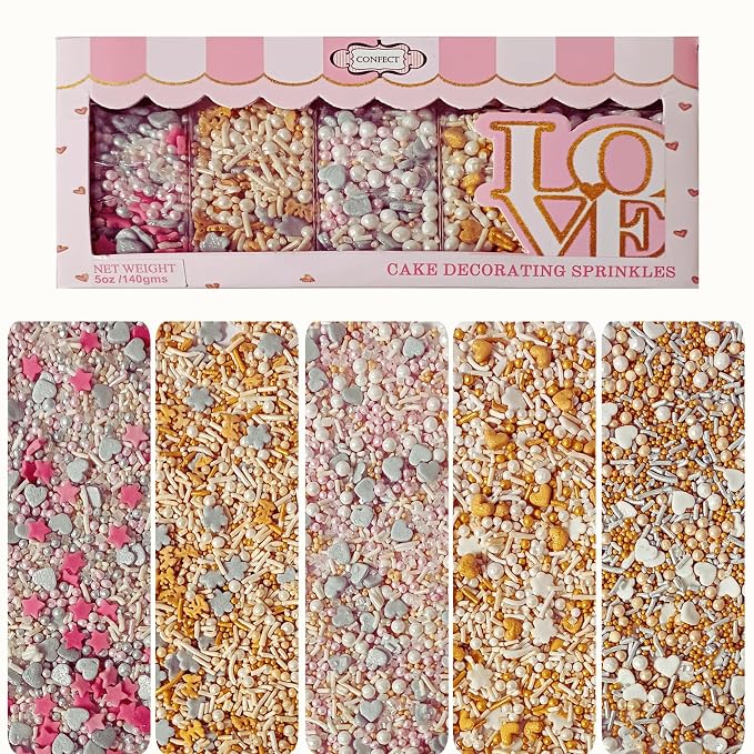 Confect Gold, silver and white Pearl Sprinkles | Sprinkles for Baking, Cookie & Cake Decorative | Valentines Edible sprinkle Mix Pack of 5 -Vegan, Gluten-Free, Nut-Free, Soy-Free, Dairy-Free, Palm Oil-Free -5 Oz