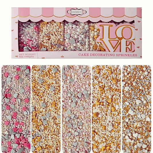 Confect Gold, silver and white Pearl Sprinkles | Sprinkles for Baking, Cookie & Cake Decorative | Valentines Edible sprinkle Mix Pack of 5 -Vegan, Gluten-Free, Nut-Free, Soy-Free, Dairy-Free, Palm Oil-Free -5 Oz