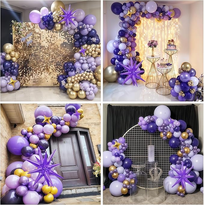 Purple and Gold Balloon Arch Kit Graduation Decorations 2026, 110Pcs Purple Balloon Garland with Explosion Foil Star Metallic Dark Violet Lavender Lilac Birthday Party Balloons for College School Prom