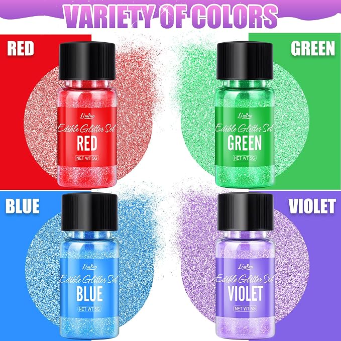 Edible Glitter Set - 4 Colors Edible Luster Dust Multicolor Food Grade Coloring Glitter for Drinks, Baking, Cake Decorating - Edible Dust Powder Shimmer Sprinkle Powder for Icing, Wine, Chocolate, Candy