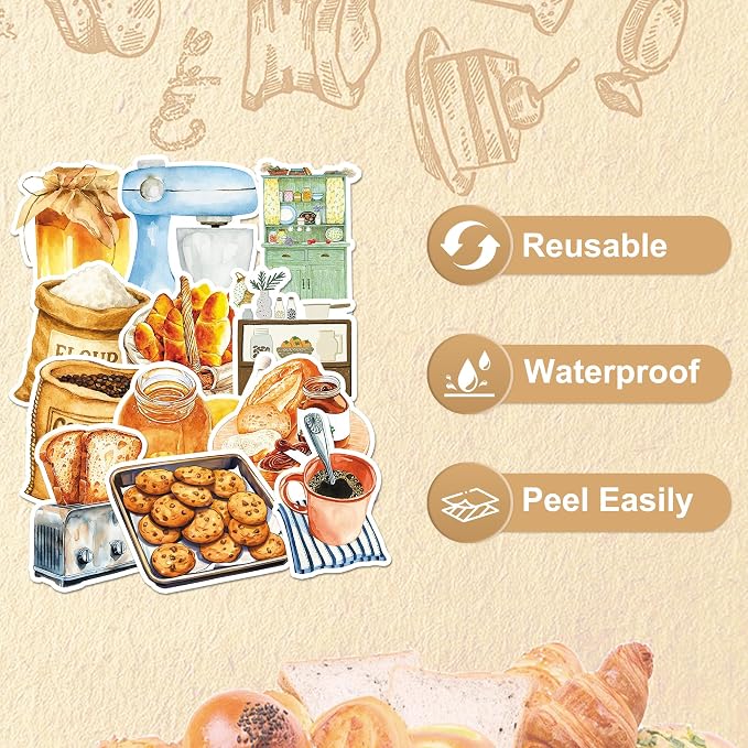 50 Pcs Bakery Stickers for Scrapbooking, Waterproof Vinyl Kitchen Tools Stickers for Laptops Water Bottles Journals, Cute Cooking Food Decals for Adults Teens Girls