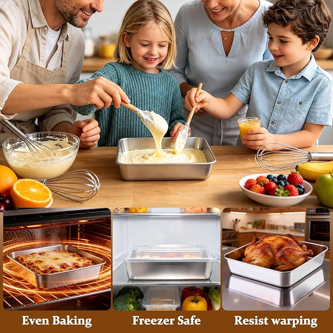 LIANYU 8 Inch Square Cake Pan with Lid, 8 x 8 Stainless Steel Lasagna Brownie Baking Pan, Non-Toxic Baking Dish for Oven Cooking Roasting, Even Heating & Dishwasher Safe (1 Pan +1 Lid)
