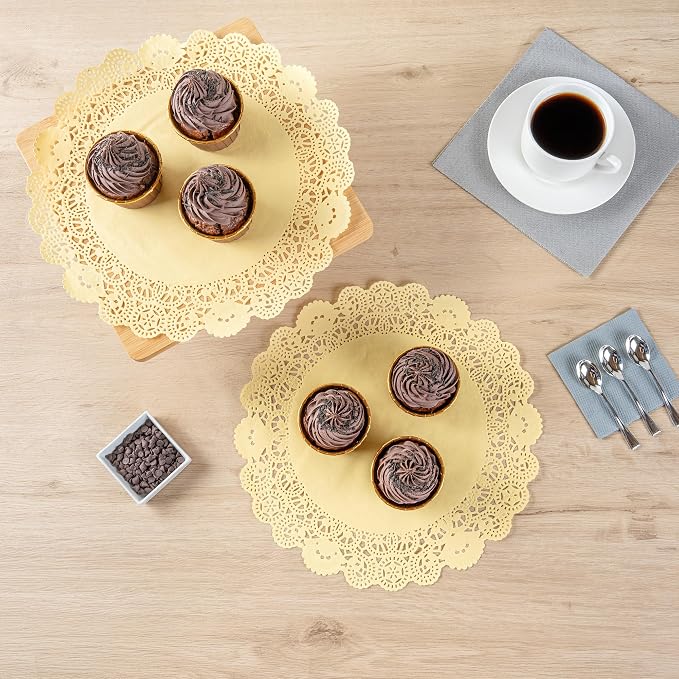 Restaurantware-Pastry Tek 12 x 12 Inch Paper Lace Doilies, 4000 Disposable Table Doilies - Elegant Lace Finish, Long Lasting, Yellow Paper Placemat, for Pastries, Cupcakes, Desserts