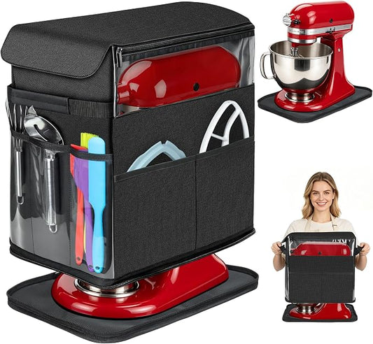 2026 Upgraded Stand Mixer Dust Cover with Appliance Sliders Base, Compatible with KitchenAid Tilt-Head 4.5-5 Quart Mixer, Waterproof Mixer Protector with Storage Pockets for Kitchen Aid Attachments