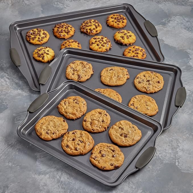 Non-Stick Baking Sheet Set 3 Pcs for Cookies & More, Heavy-Duty Aluminum Baking Sheets with Gray Silicone Handles