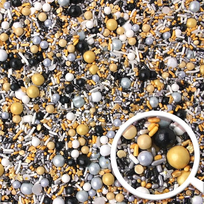Sprinkle Pop Meet Me At Midnight Sprinkle Mix| White Silver Black Gold Sprinkles with Stars| New Years Graduation Wedding Sprinkles Made in USA for Decorating Cakes Cookies Cupcakes Ice Cream, 2oz
