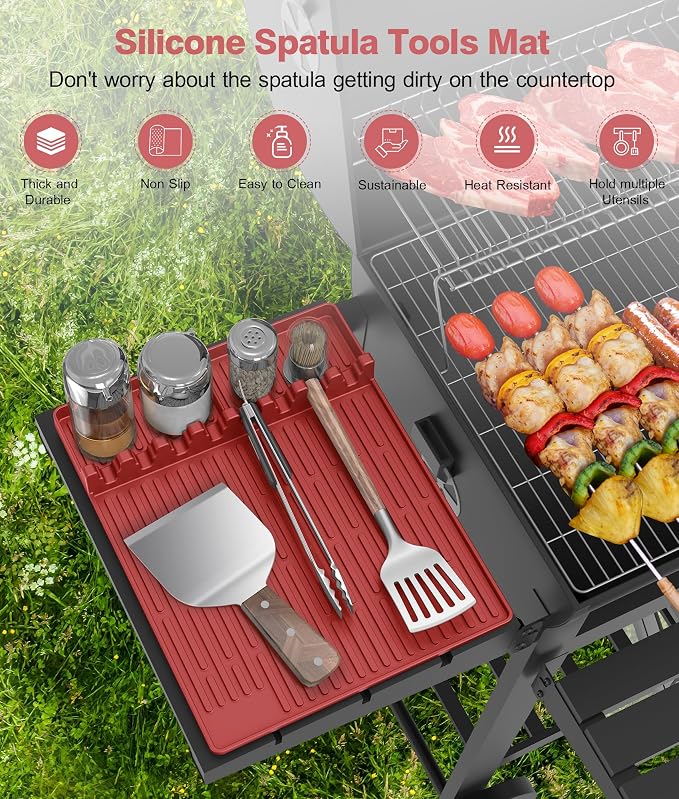 Silicone Griddle Tools Mat for Blackstone - Large Silicone Spatula Mat with Drip Pad - Griddle Mats BBQ Grill Accessories - Blackstone Griddles Accessories, Gifts for Men(red)