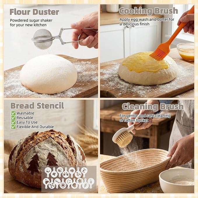 LOCONHA Sourdough Starter Kit, Sourdough Bread Baking Supplies Making Tools， Includes Round & Oval Banneton Bread Proofing Basket, Sling, Jar, Whisk, Scrapers, Stencils & Bag