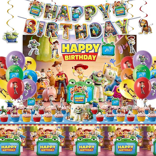 Toy Story 5 Birthday Decorations Set - 64Pcs Ultimate Party Supplies Kit Includes Tablecloth, Backdrop, Banners, Balloons, Hanging Swirls & Cake Toppers for Themed Boys Girls Kids Party