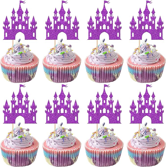 24 PCS Castle Cupcake Toppers Princess Cupcake Toppers Castle Theme Birthday Party Decoration Princess Party Supplies Princess Birthday Cake Decoration for Girls Princess Baby Shower Supplies Purple