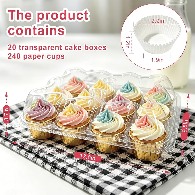 12 Packs × 20 Sets Disposable Plastic Cupcake Containers,Stackable CupCake Holders with lid with 240 Pack Cupcake Liners,Ideal for Baking,Parties,or Storage.