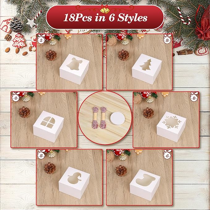 COTOPHER 18Pcs Christmas Cookie Boxes with Window, 4x4x2.5 inch White Bakery Boxes for Gift Giving, Mini Cake Boxes for Treat Donuts Chocolate Strawberries Pastries Muffins