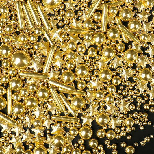 Gold Sprinkles for Cake Decorating, 4.6oz Edible Star Sprinkles with Sugar Pearls and Rods, Candy Baking Decorations, Ice Cream Toppings and Cookie Decorating, Wedding Party Valentines Supplies