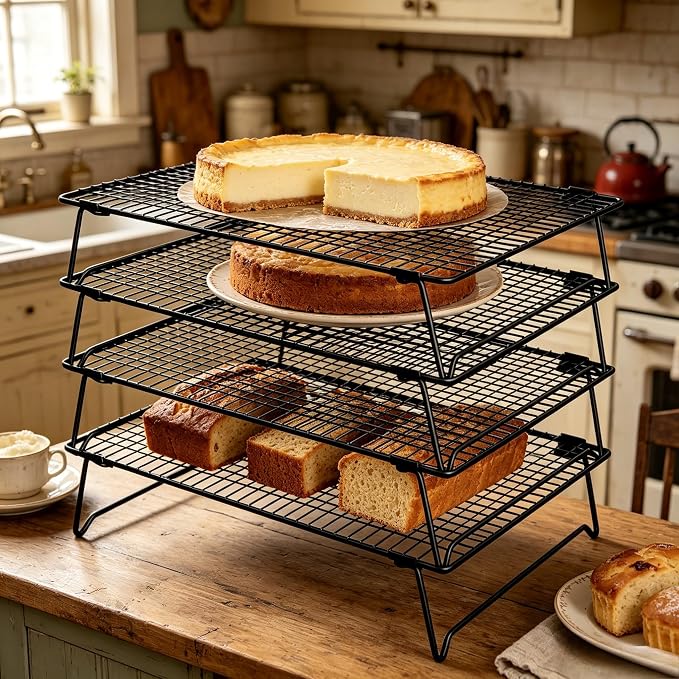 4 Tier Cooling Rack for Baking 16" x 10" Stackable Cookie Cooling Wire Rack for Cookies Pizza Cake Roasting Cooking, Oven and Dishwasher Safe Baking Supplies, Black