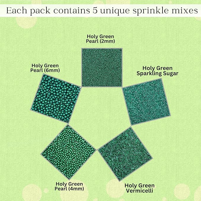 Confect- Sprinkle Holly Green Christmas Sprinkles – Assorted 5-Pack for Cake & Cupcake Decorating | Festive Mix of Holly Green Dragees, Jimmies & Sparkling Sugar | Vegan, Gluten-Free, Nut-Free Edible Holiday Topping - 5 Oz