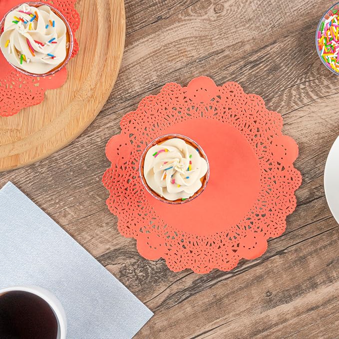 Restaurantware Paper Doilies 100 Pack of 8 Inch Lace Disposable Table Decor Red Round Shape Decorative Presentation