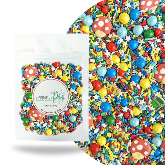 Sprinkle Pop Gamer Sprinkle Mix| Red Green Blue Yellow Sprinkles with ~10 Italian Plumber Pipes Crowns & Mushrooms| It's Me Sprinkles Made in USA for Decorating Boys Girls Birthday Cakes Cupcakes, 2oz