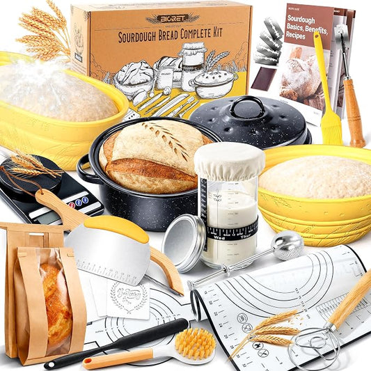 Sourdough Starter Kit for Beginners, 34 oz Starter Jar with Scale Marking, 2 Silicone Proofing Baskets, Complete Bread Baking Kit with Guide & Recipes, Easy to Use & Clean - Yellow