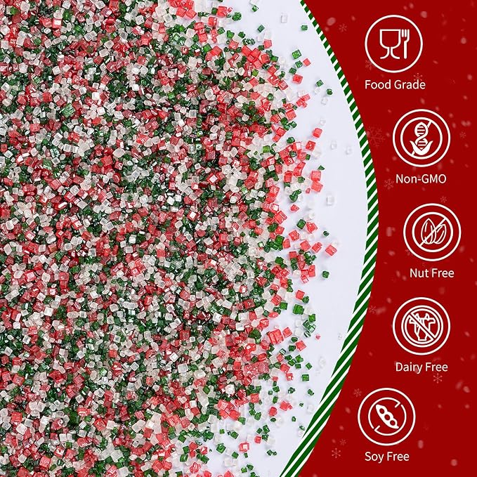 Edible Sanding Sugar Sprinkles,150g,Edible Red Green and White Sprinkle for Cake Decorating,Colored Crystals Sprinkle Mix for Cookies,Donuts,Ice Cream,Fondant Cake,Caramel Apples,Cupcakes Decoration Topper,Desserts,Wedding Birthday Party Supplies