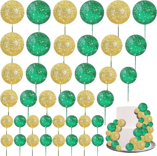 BEISHIDA 40 Pcs Ball Cake Toppers Mini Balls Cake Decorations Green Gold Foam Balls Sticks DIY Cake Topper for St Patrick's Day Congrats Grade 2026 Graduation Birthday Decorations (Green Gold)