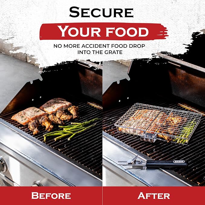 SHIZZO Grill Basket Gift Set - Removable Wooden Handle - Non-Stick Stainless Steel, BBQ Grilling Rack for Fish, Shrimp, Vegetables - Camping & Outdoor Smoker Accessories, Gifts for Dad, Husband