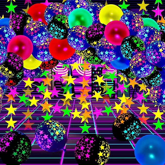 Skylety 32 Pcs Glow in The Dark Party Supplies Neon Party Favors with 25 Fluorescent Balloon 6 Rolls 98.4 ft UV Blacklight Luminous Tape 14.4 ft Neon Streamer Garland for Adults(Glitter Star)