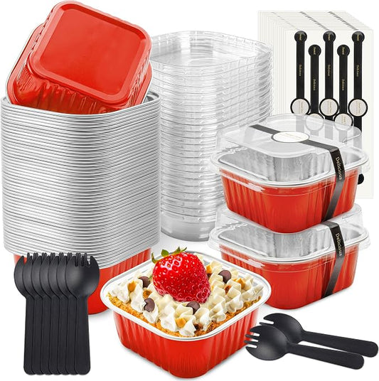 NPLUX 50 Pcs Mini Square Baking Cups with Lids and Spoons Aluminum Foil Mini Cake Pans Disposable Ramekins Dessert Cups for Wedding Birthday Party, Graduation Gifts Party Favors(Red,5oz)