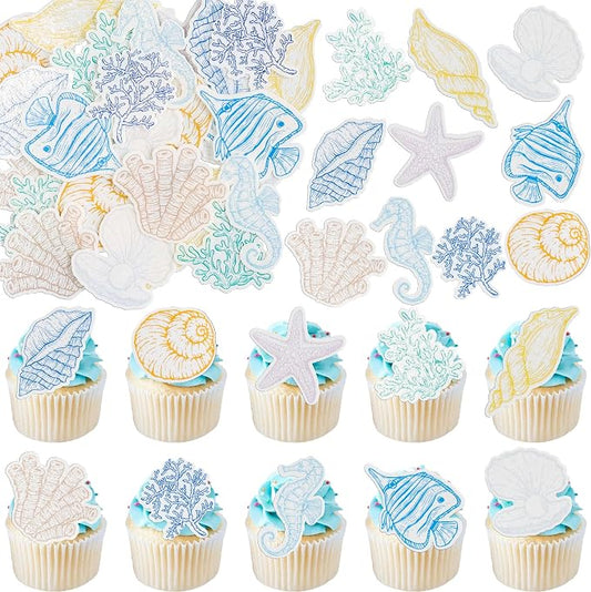 Gyufise 60Pcs Edible Seashell Cupcake Toppers Beach Sea Shell Party Decorations Edible Starfish Conch Coral SeaShell Cupcake Picks for Coastal Beach Baby Shower Birthday Party Supplies