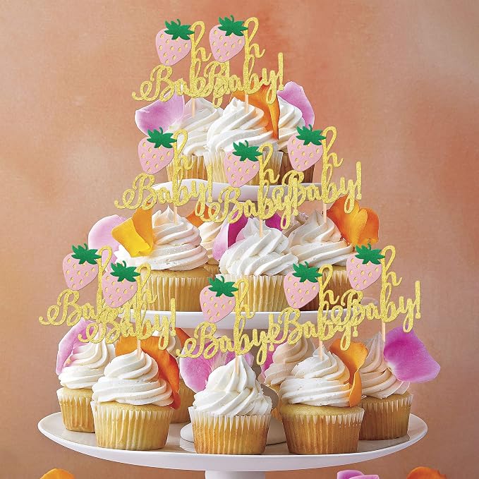 24 PCS Strawberry Oh Baby Cupcake Toppers Glitter Baby Shower Strawberry Cupcake Picks for Fruit Theme Baby Shower Kids Boys Girls Birthday Party Cake Decorations Supplies Gold