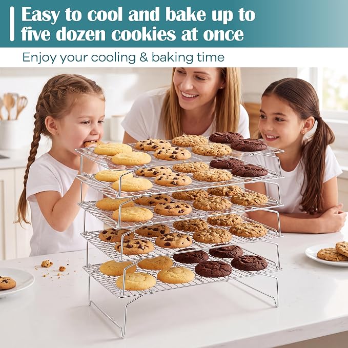 P&P CHEF 5 Tier Cooling & Baking Racks, Stainless Steel Stackable Grid Cooking Rack for Cooling Roasting Grilling, Collapsible & Heavy Duty, Oven & Dishwasher Safe, 15" x 10"