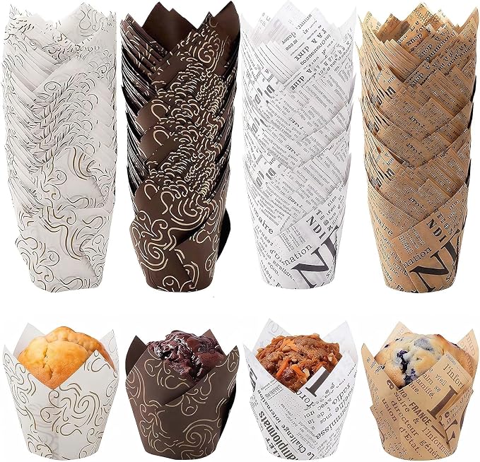 200 Pcs Newspaper Tulip Cupcake Liners for Baking, Newspaper and Stripe | Standard Greaseproof Tulip Muffin Liners for Baking, 3oz Paper Cupcake Wrappers for Party Wedding Birthday