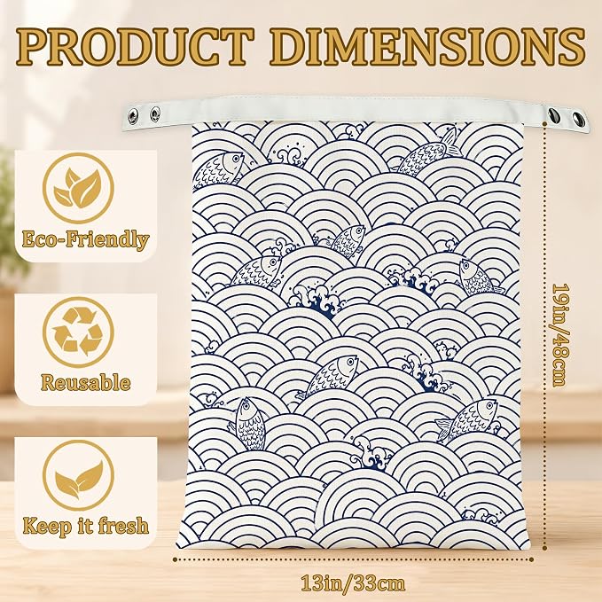 2 Pack Beeswax Japanese Wave Fish Bread Bags for Sourdough Homemade Breads, Reusable Beeswax Bread Blue Ocean Storage Bag, Keep Loaves Fresh Longer, Freezer Safe & Airtight, Zero Waste 17 x 13''