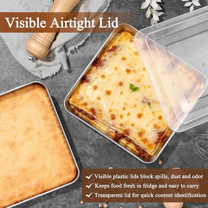 LIANYU 9 x 9 Baking Pan with Lid Set, 4 Pack Stainless Steel Square Cake Pans, Deep Brownie Baking Dish for Oven, Dishwasher Safe & Heavy Duty (4 Pan +4 Lid)
