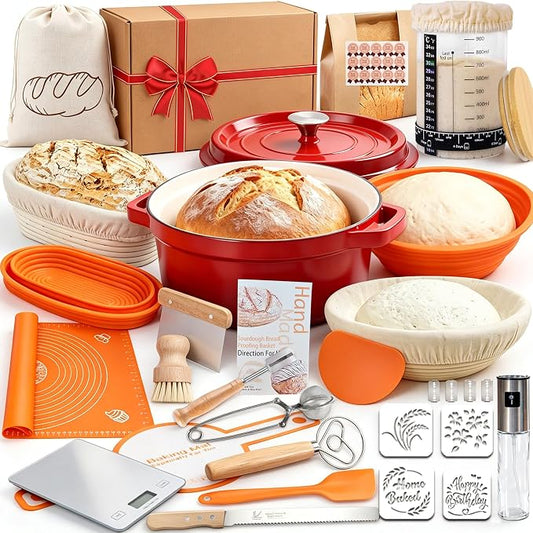 All-Inclusive Sourdough Starter Kit with Enameled Cast Iron Dutch Oven & Scale - Premium Bread Making Tools with 4 Banneton Proofing Baskets, Beginner Guide, Sling, 34oz Starter Jar, Best Baking Gifts