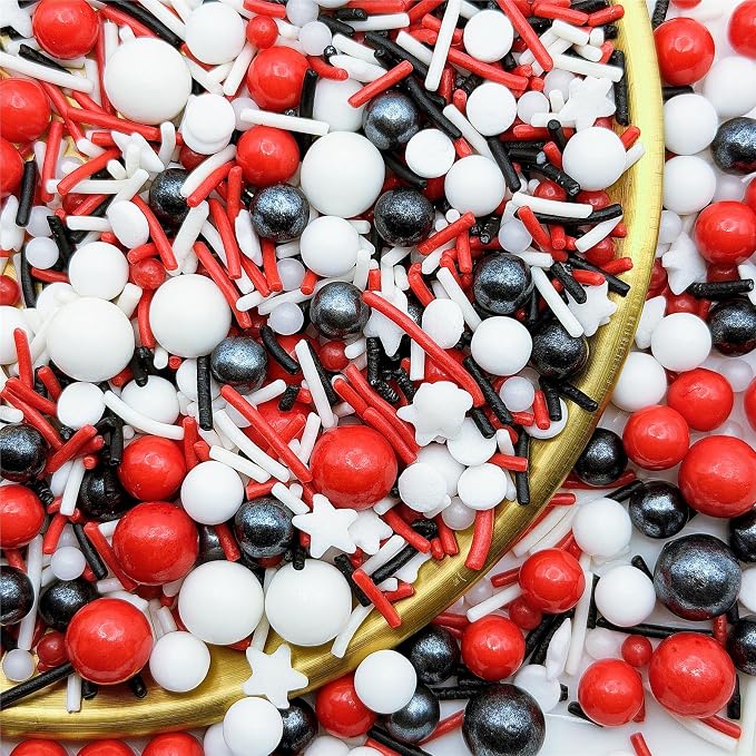 CandiJumpin Black White and Red Pearl Sprinkles, Edible Pearls and Jimmies Mix Red White and Black Sprinkles Crunchy Jimmies Edible Pearls for Cake Decorating Halloween Pearl Decoration for Baking Baby Shower Party Birthday Wedding Christmas Supplies 3 OZ