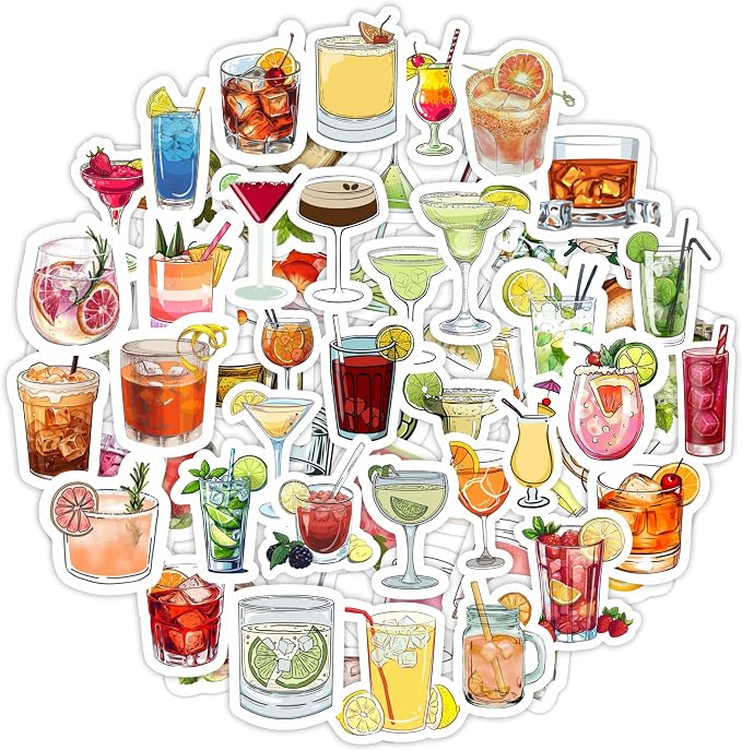 100Pcs Cocktail Stickers for Water Bottle and Laptop - Cocktail Party Supplies & Decorations, Waterproof Vinyl Decals, Drink and Fun Stickers, Gifts for Women & Men