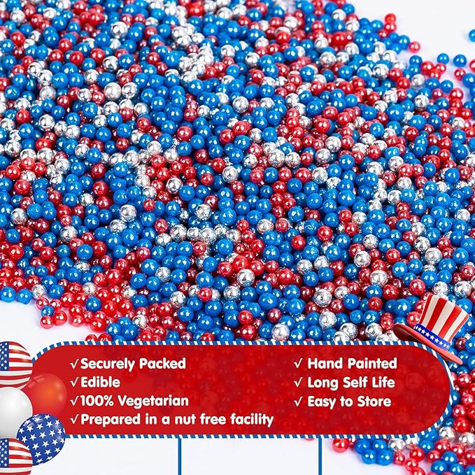Patriotic Nonpareils Sprinkles,2mm Red Blue and White Pearls for Cake Decorations,July 4th Edible Sprinkle Mix for Baking,130g,Edible Sugar Pearls for Cake Decorating,Cookies,Ice Cream,Fondant Cake,Cupcakes,Desserts,May Day,Memorial Day,Flag Day,Junete...