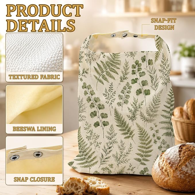 2 Pack Beeswax Linen Vintage Fern Bread Bags, Botanical Leaves Reusable Fresh Keeping Bags for Sourdough & Baguette, Freezable Portable Bread Storage Container 17×13''