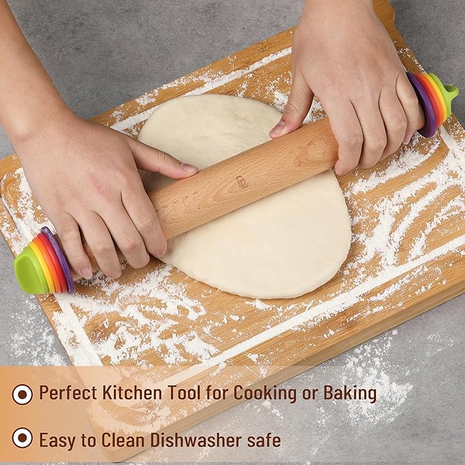 BAMBOO LAND- Adjustable Rolling Pin with Thickness Rings, 13.8", 4 Rings | 2-10 mm / 1/16"-3/8", Wood Rolling Pins for Baking Bread, Pizza Doughs