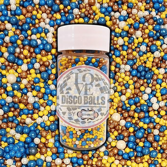 Confect Love Candy Sprinkles Mix – Blue Yellow Gold White Disco Balls Edible Sugar Pearls for Cake & Cupcake Decorating – Decorative Confectionery Toppings | Vegan, Gluten-Free, Nut-Free, Soy-Free, Dairy-Free, Palm Oil-Free- 4.2 Oz