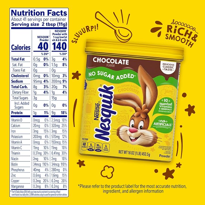 Nesquik Chocolate Powder No Sugar Added, 16 oz