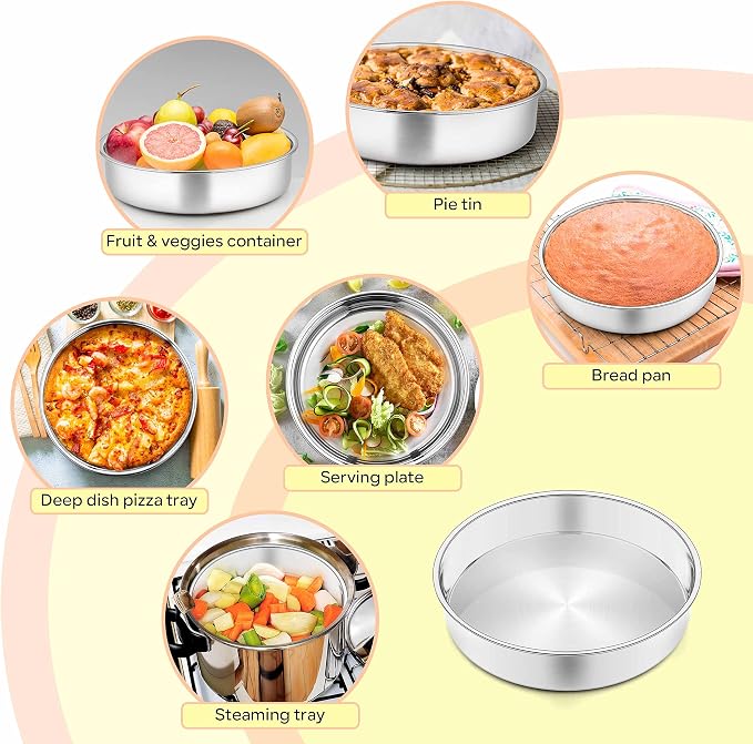 Herogo Cake Pan 6 Inch Round Set of 3, Stainless Steel Nonstick Layer Tier Birthday Wedding Cake Pans, Fit Oven Pots Pressure Cooker, Mirror Finish, Dishwasher Safe