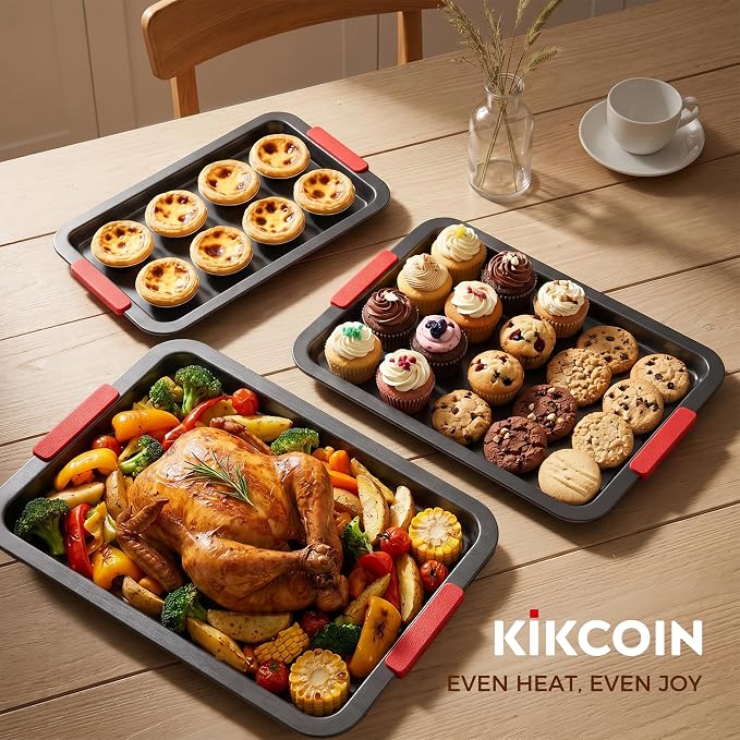 Kikcoin Nonstick Cookie Sheets for Baking Set of 3, Carbon Steel Sheet Pans with Lychee Silicone Handles, 2X Thick Ceramic Coating PFOA-Free, Small Medium Large Stackable Baking Pans for Oven, Grey