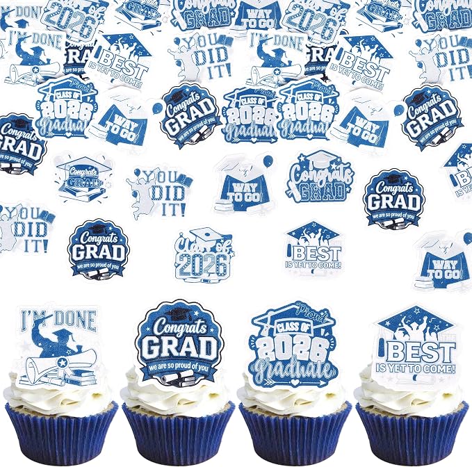 63 PCS Edible 2026 Graduation Cupcake Toppers Class of 2026 Cupake Picks Edible Done Diploma Congrats Grad Cupcake Decorations for 2026 Graduation Theme Party Cake Decorations Supplies Blue Silver