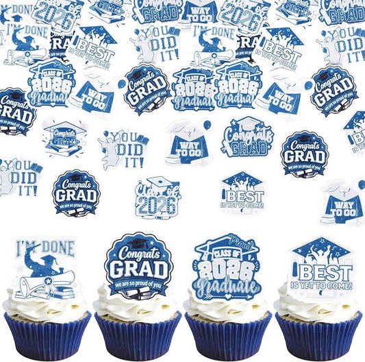 63 PCS Edible 2026 Graduation Cupcake Toppers Class of 2026 Cupake Picks Edible Done Diploma Congrats Grad Cupcake Decorations for 2026 Graduation Theme Party Cake Decorations Supplies Blue Silver